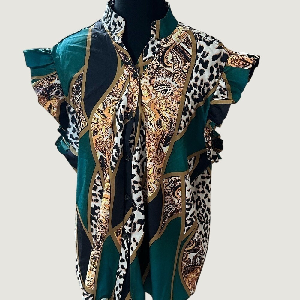 Mixed Print Ruffle Cap Sleeve Blouse Green Leopard Paisley Mock Neck XXL